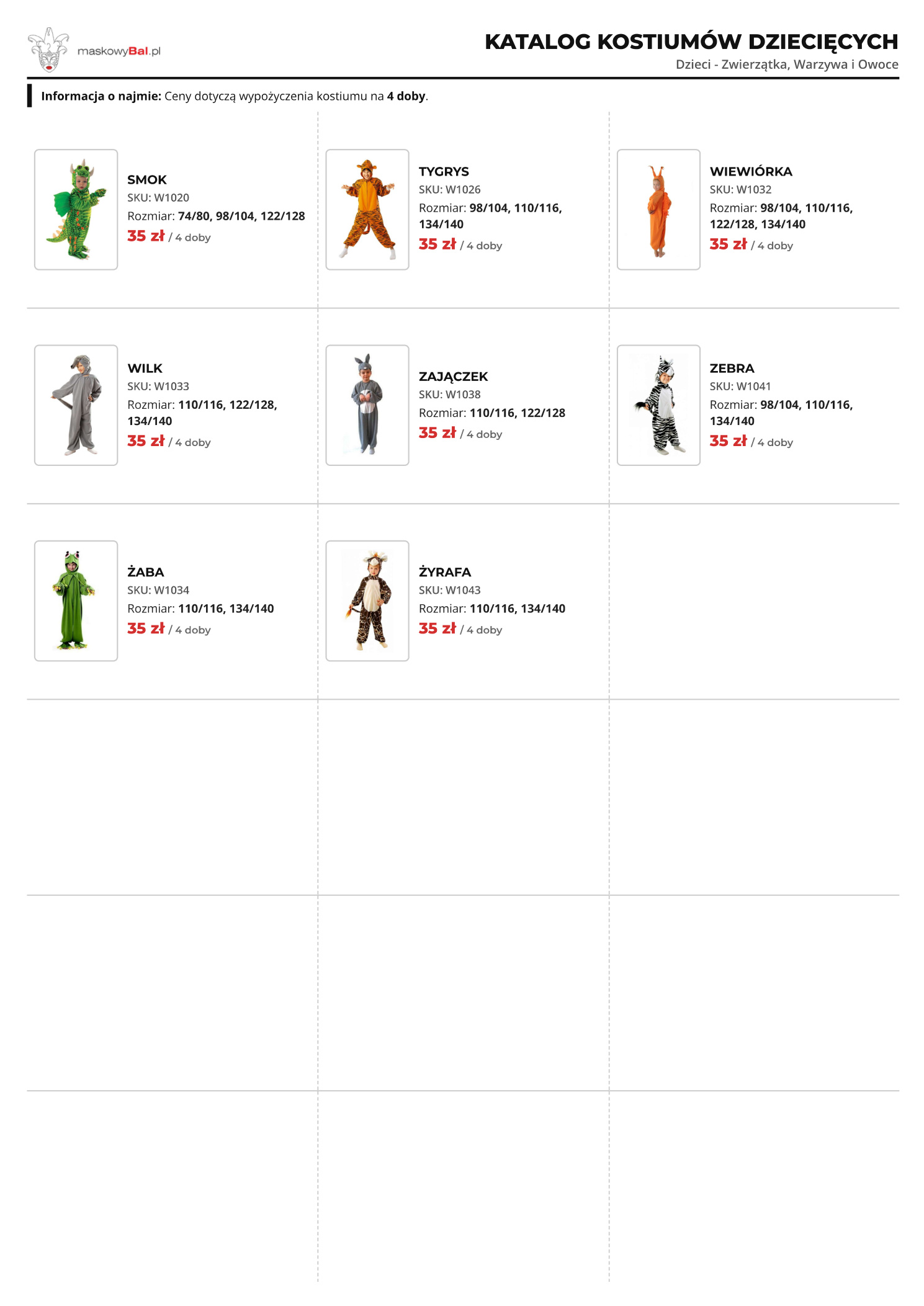 Katalog zwierzątek wypożyczalni strojów Maskowy Bal